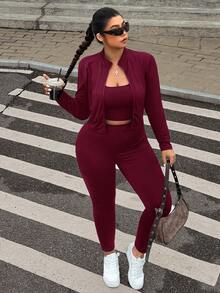 Muchica Plus Size Black Sleeveless Jacket, Elastic Lightweight Yoga Sports 3 Pieces Set Fall - Burgundy - View 9