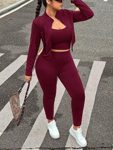 Muchica Plus Size Black Sleeveless Jacket, Elastic Lightweight Yoga Sports 3 Pieces Set Fall - Burgundy - View 6