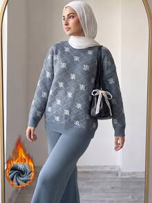 Solavon Women's Letter Print Long Sleeve Top And Pants Casual Daily Knit 2 Pieces Set - Blue - View 2