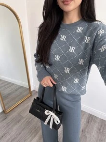 Solavon Women's Letter Print Long Sleeve Top And Pants Casual Daily Knit 2 Pieces Set - Blue - View 5