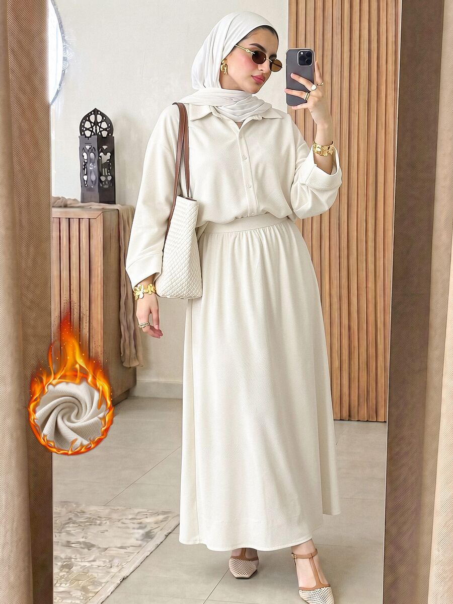 Solavon Plush Corduroy Women's Off-White Shirt Top And Long Skirt 2 Pieces Set Brunch Office Fall Elegant Modest