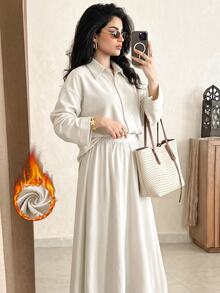 Solavon Plush Corduroy Women's Off-White Shirt Top And Long Skirt 2 Pieces Set Brunch Office Fall Elegant Modest - Apricot - View 3