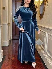 Feyla Women's Elegant Party Beaded & Studded Long Dress - Blue - View 5