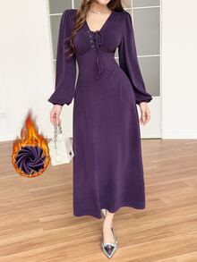 Feyla Women's Solid Color Eyelet Tie Design V-Neck Lantern Sleeve Elegant Long Dress - Purple - View 2
