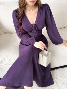 Feyla Women's Solid Color Eyelet Tie Design V-Neck Lantern Sleeve Elegant Long Dress - Purple - View 4