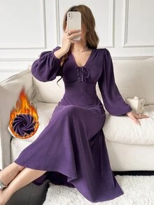 Feyla Women's Solid Color Eyelet Tie Design V-Neck Lantern Sleeve Elegant Long Dress - Purple - View 1