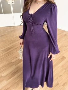 Feyla Women's Solid Color Eyelet Tie Design V-Neck Lantern Sleeve Elegant Long Dress - Purple - View 6