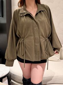 Vibekara Plus Size Women's Casual Commute Army Green Suede Cinched Waist Long Sleeve Jacket, Autumn/Winter - Army Green - View 7