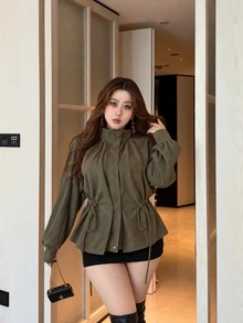 Vibekara Plus Size Women's Casual Commute Army Green Suede Cinched Waist Long Sleeve Jacket, Autumn/Winter - Army Green - View 1
