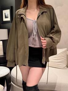 Vibekara Plus Size Women's Casual Commute Army Green Suede Cinched Waist Long Sleeve Jacket, Autumn/Winter - Army Green - View 6