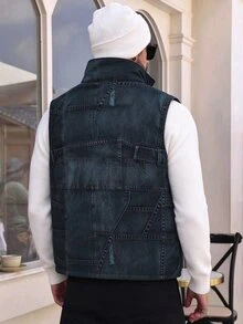 EGENSIO Men's Casual Thermal Lined Denim Effect Effect Vest - Blue - View 2