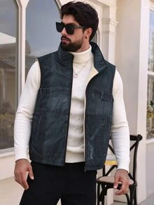 EGENSIO Men's Casual Thermal Lined Denim Effect Effect Vest - Blue - View 5