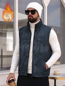 EGENSIO Men's Casual Thermal Lined Denim Effect Effect Vest - Blue - View 1