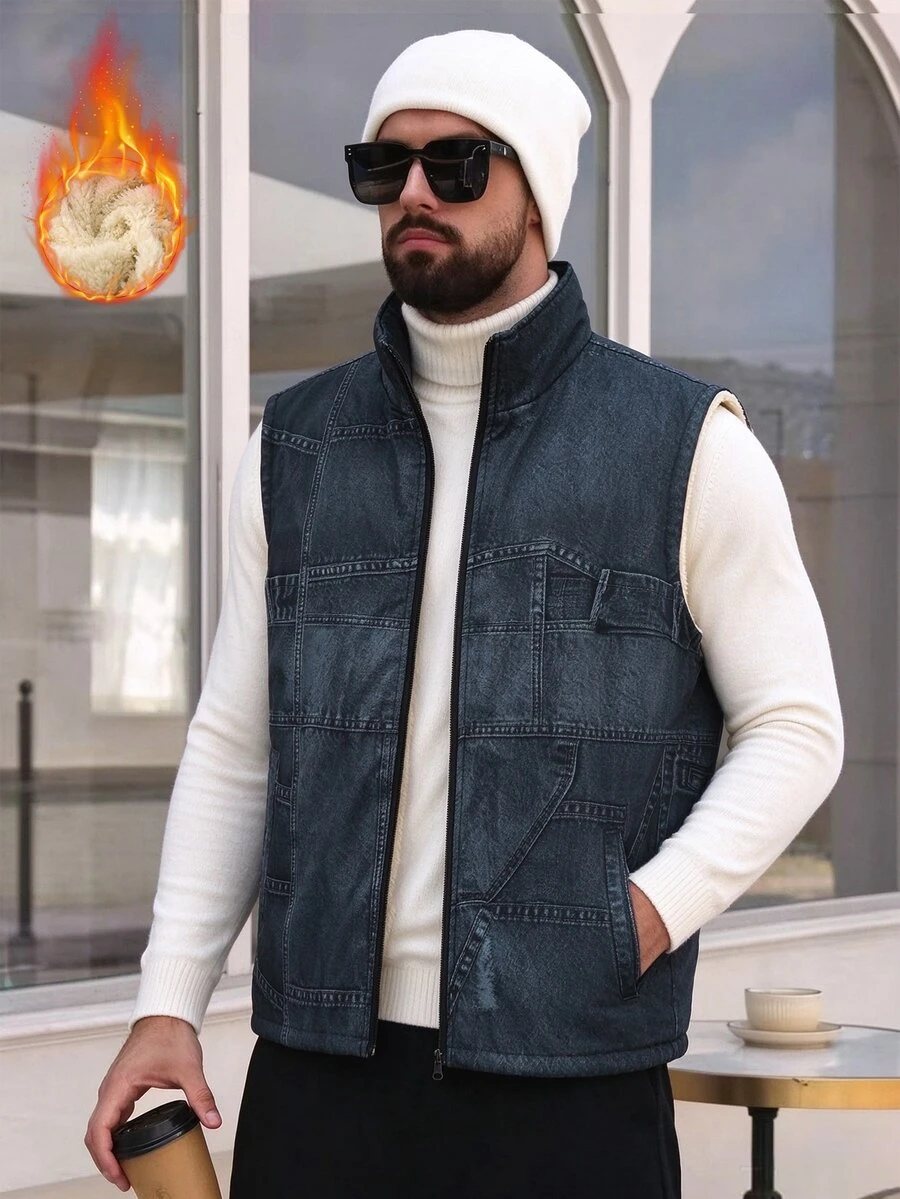 EGENSIO Men's Casual Thermal Lined Denim Effect Effect Vest - Blue - View 1