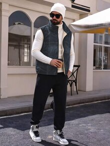 EGENSIO Men's Casual Thermal Lined Denim Effect Effect Vest - Blue - View 4