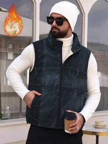 EGENSIO Men's Casual Thermal Lined Denim Effect Effect Vest - Blue - View 3