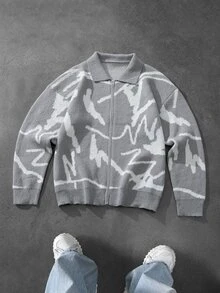 Claim Dot Men's Street Fashion Jacquard Long Sleeve Knit Cardigan - Grey - View 2