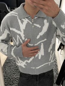 Claim Dot Men's Street Fashion Jacquard Long Sleeve Knit Cardigan - Grey - View 1