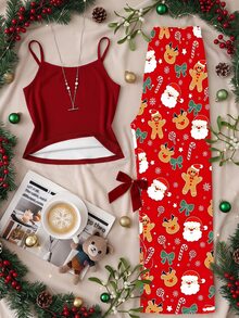 Tween Girl Camisole Top Kids And Cartoon Print Long Pants Loungewear Set - White - View 3
