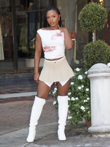 Steph T Faux Shirting Layered Micro Mini Skirt Sexy Skirts Fashionable - Khaki - View 1