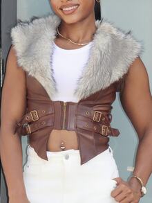 Steph T Y2K Autumn/Winter Detachable Faux Fur Collar Women PU Leather Jacket - Brown - View 3