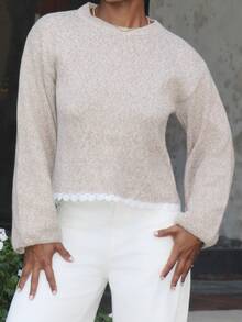 Steph T Women's Lace Patchwork Casual Daily Long Sleeve Sweater - Khaki - View 4