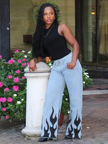 Steph T Women Flame Printed Wide Leg Loose Fit Casual Jeans With Pockets - Blue - View 4