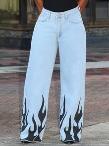 Steph T Women Flame Printed Wide Leg Loose Fit Casual Jeans With Pockets - Blue - View 3
