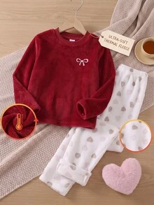 Genkimix Kids 女童大童睡衣套裝 秋季日常可愛休閒優雅家居服 長袖長褲 蝴蝶結刺繡小愛心圖案 刷毛套裝 聖誕 - 彩色 - 查看 5