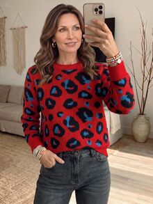 Hansera Women's Leopard Jacquard Knit Pullover Sweater, Crew Neck, Long Sleeve, Thick Knit, Winter, Christmas - Red - View 2
