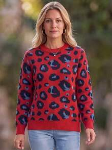 Hansera Women's Leopard Jacquard Knit Pullover Sweater, Crew Neck, Long Sleeve, Thick Knit, Winter, Christmas - Red - View 5