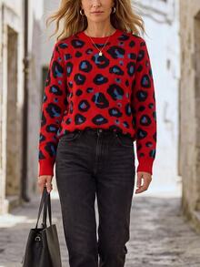 Hansera Women's Leopard Jacquard Knit Pullover Sweater, Crew Neck, Long Sleeve, Thick Knit, Winter, Christmas - Red - View 1
