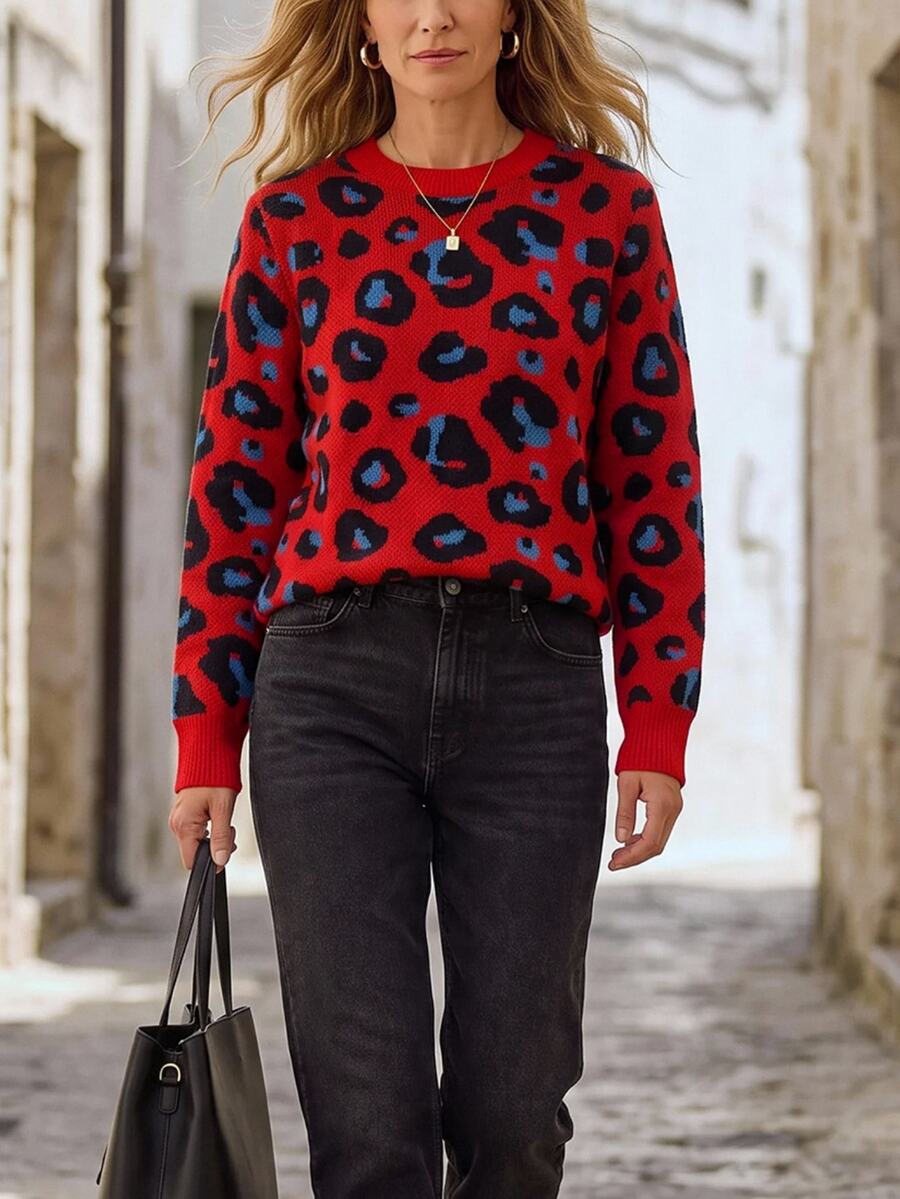 Hansera Women's Leopard Jacquard Knit Pullover Sweater, Crew Neck, Long Sleeve, Thick Knit, Winter, Christmas - Red - View 1