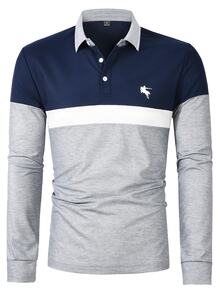 Calvornis Men's Spring/Autumn Contrast Collar Long Sleeve Commuter Polo Shirt, Dark Color Lightweight Luxury Horse Logo Decor Business Casual Minimalist Versatile Pullover Base Layer Top - Blue and White - View 3