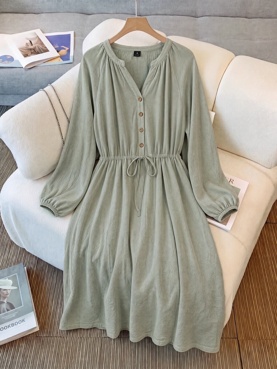 Rusticease Women's V-Neck Long Sleeve Drawstring Tie Single-Breasted Dress Vacation Sage Green Fall Casual Picnic - Green - View 1