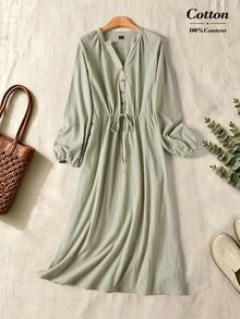Rusticease Women's V-Neck Long Sleeve Drawstring Tie Single-Breasted Dress Vacation Sage Green Fall Casual Picnic - Green - View 2
