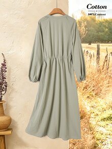 Rusticease Women's V-Neck Long Sleeve Drawstring Tie Single-Breasted Dress Vacation Sage Green Fall Casual Picnic - Green - View 3