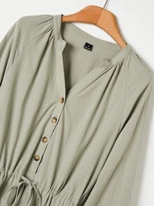 Rusticease Women's V-Neck Long Sleeve Drawstring Tie Single-Breasted Dress Vacation Sage Green Fall Casual Picnic - Green - View 5
