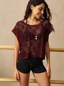VARSIVA Women's Batwing Short Sleeve Back Cutout Casual Fitness Sports T-Shirt - Burgundy - View 8