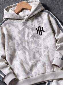 Boys' Sweatshirt Set, Maple Leaf Digital Print Hoodie, Paired With Sweatpants, Casual Streetwear Baggy Sports Outfit For Fall/ School Grey - Multicolor - View 4