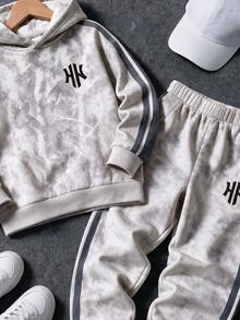 Boys' Sweatshirt Set, Maple Leaf Digital Print Hoodie, Paired With Sweatpants, Casual Streetwear Baggy Sports Outfit For Fall/ School Grey - Multicolor - View 7