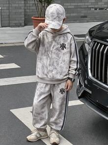 Boys' Sweatshirt Set, Maple Leaf Digital Print Hoodie, Paired With Sweatpants, Casual Streetwear Baggy Sports Outfit For Fall/ School Grey - Multicolor - View 8