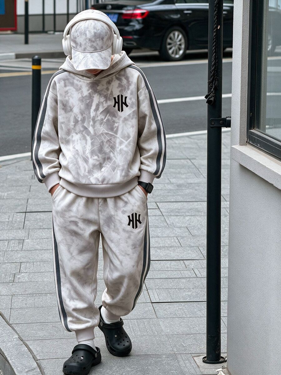 Boys' Sweatshirt Set, Maple Leaf Digital Print Hoodie, Paired With Sweatpants, Casual Streetwear Baggy Sports Outfit For Fall/ School Grey - Multicolor - View 1