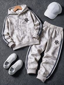 Boys' Sweatshirt Set, Maple Leaf Digital Print Hoodie, Paired With Sweatpants, Casual Streetwear Baggy Sports Outfit For Fall/ School Grey - Multicolor - View 6