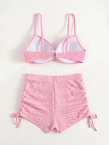 SHEIN Swim 女款夏季海灘派對純色前繫結性感可愛熱帶風時尚比基尼兩件式泳衣套裝 淡粉色 - 粉色 - 查看 6