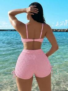 SHEIN Swim 女款夏季海灘派對純色前繫結性感可愛熱帶風時尚比基尼兩件式泳衣套裝 淡粉色 - 粉色 - 查看 2