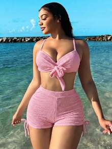 SHEIN Swim 女款夏季海灘派對純色前繫結性感可愛熱帶風時尚比基尼兩件式泳衣套裝 淡粉色 - 粉色 - 查看 8