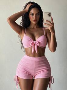 SHEIN Swim 女款夏季海灘派對純色前繫結性感可愛熱帶風時尚比基尼兩件式泳衣套裝 淡粉色 - 粉色 - 查看 1