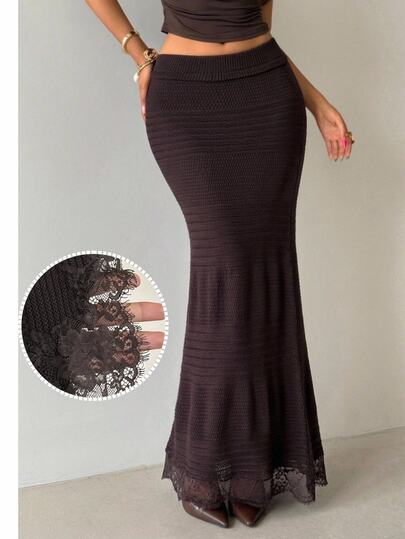 Aloruh Women's Autumn/Winter Brown Lace Patchwork Fitted Mermaid Sweater Dress