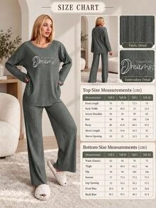 SHEIN قطعتان من قمصان النوم والراحة الكاجوال للنساء الطويلات، بلون أخضر وأبيض رمادي، محبوكة بأضلاع، مطبوعة بشعار وحروف، بياقة دائرية وأكمام طويلة - أخضر داكن - مشاهدة 5